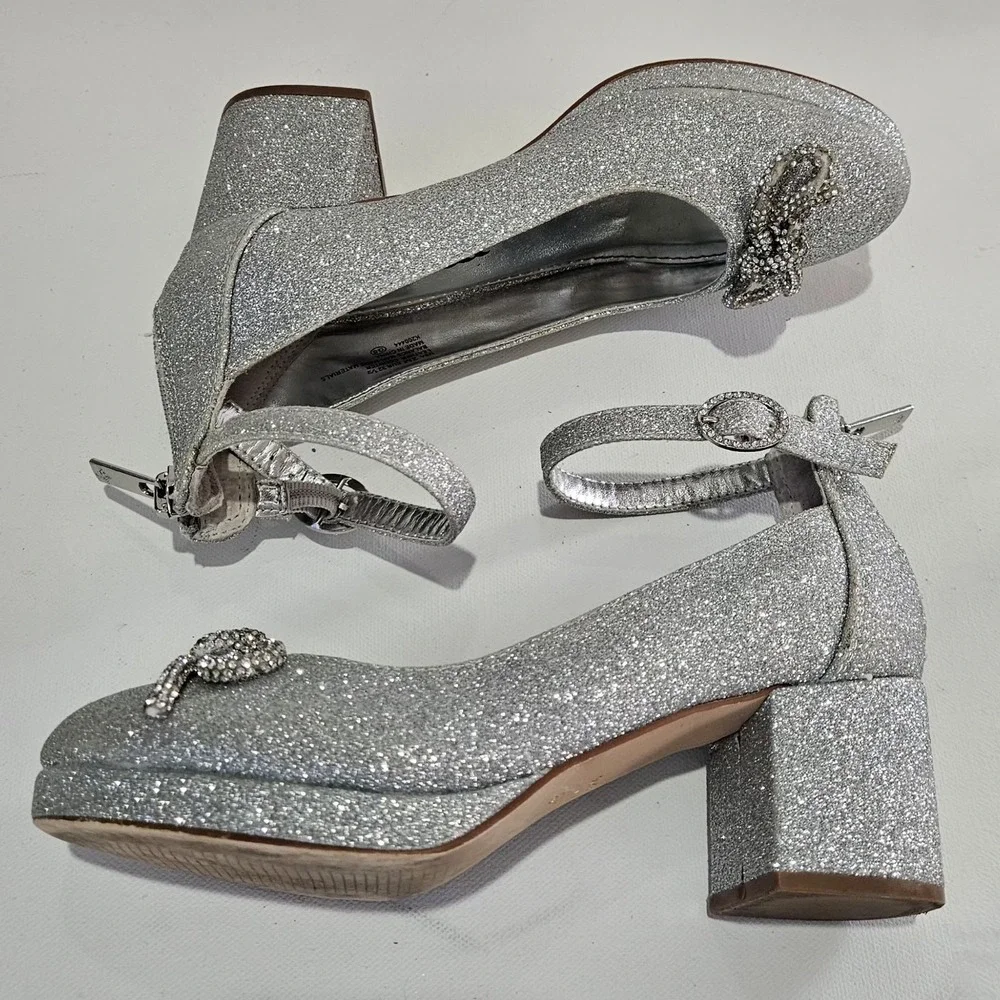 Nina Dress Shoes Girls 2M Silver Glitter Rhinestone Bow Block Heel Special Event